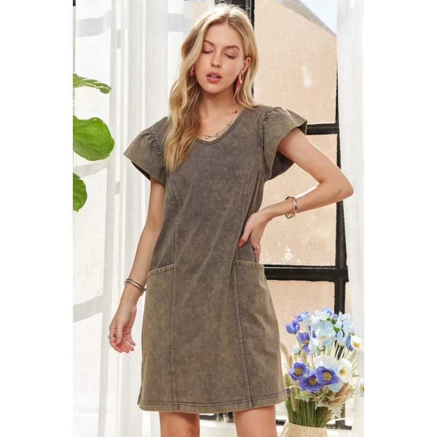 ADORA Mineral Washed V-Neck Ruffled Cap Sleeve Dress