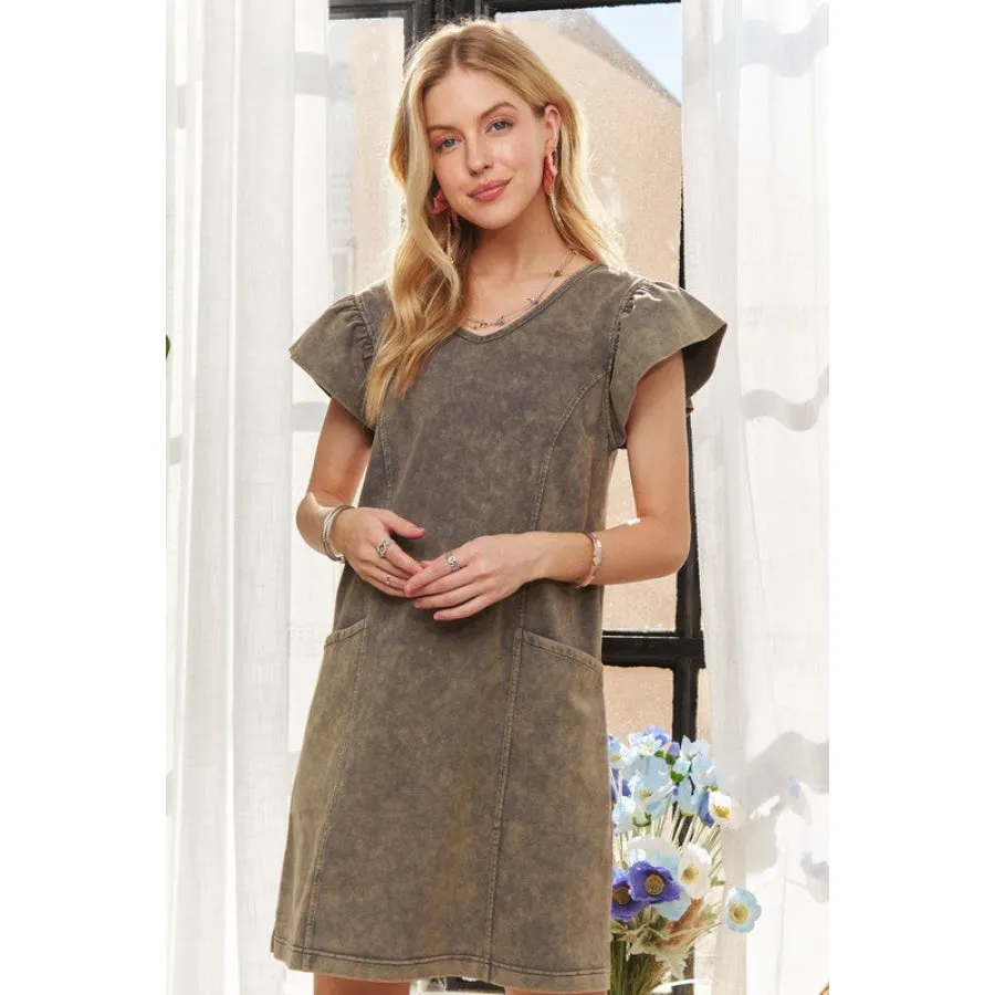 ADORA Mineral Washed V-Neck Ruffled Cap Sleeve Dress