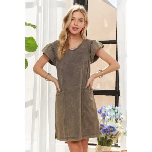 ADORA Mineral Washed V-Neck Ruffled Cap Sleeve Dress