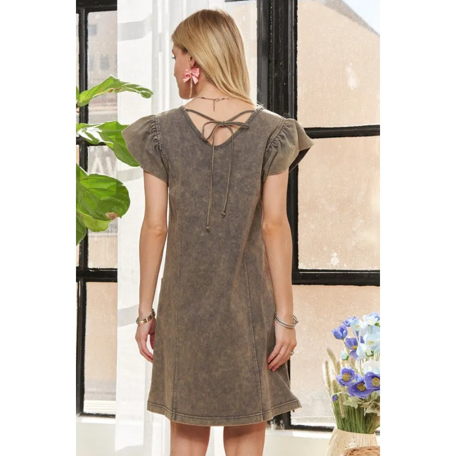 ADORA Mineral Washed V-Neck Ruffled Cap Sleeve Dress