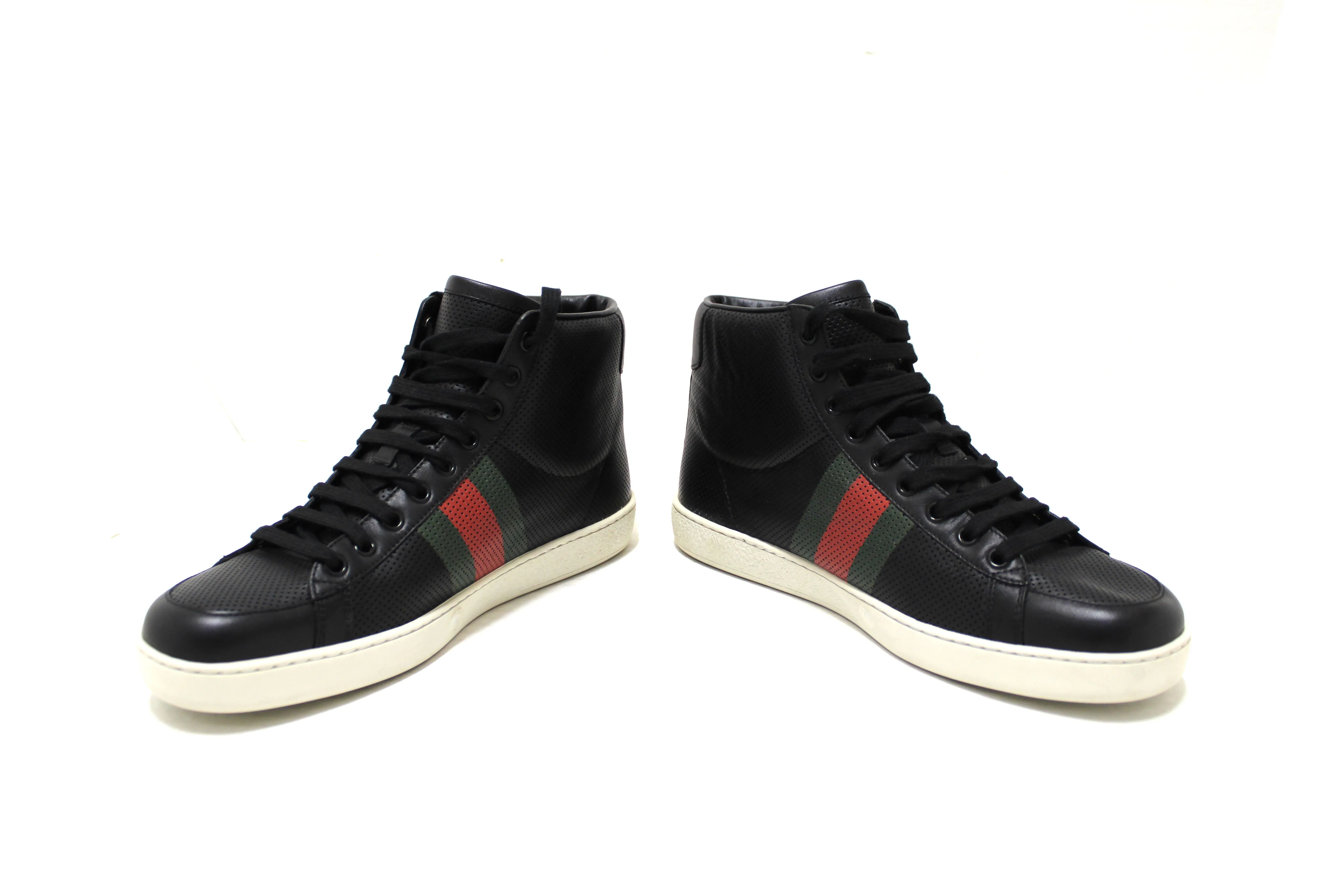 Authentic Gucci Men's Black Perforated Leather High Tops Sneakers Size 7.5
