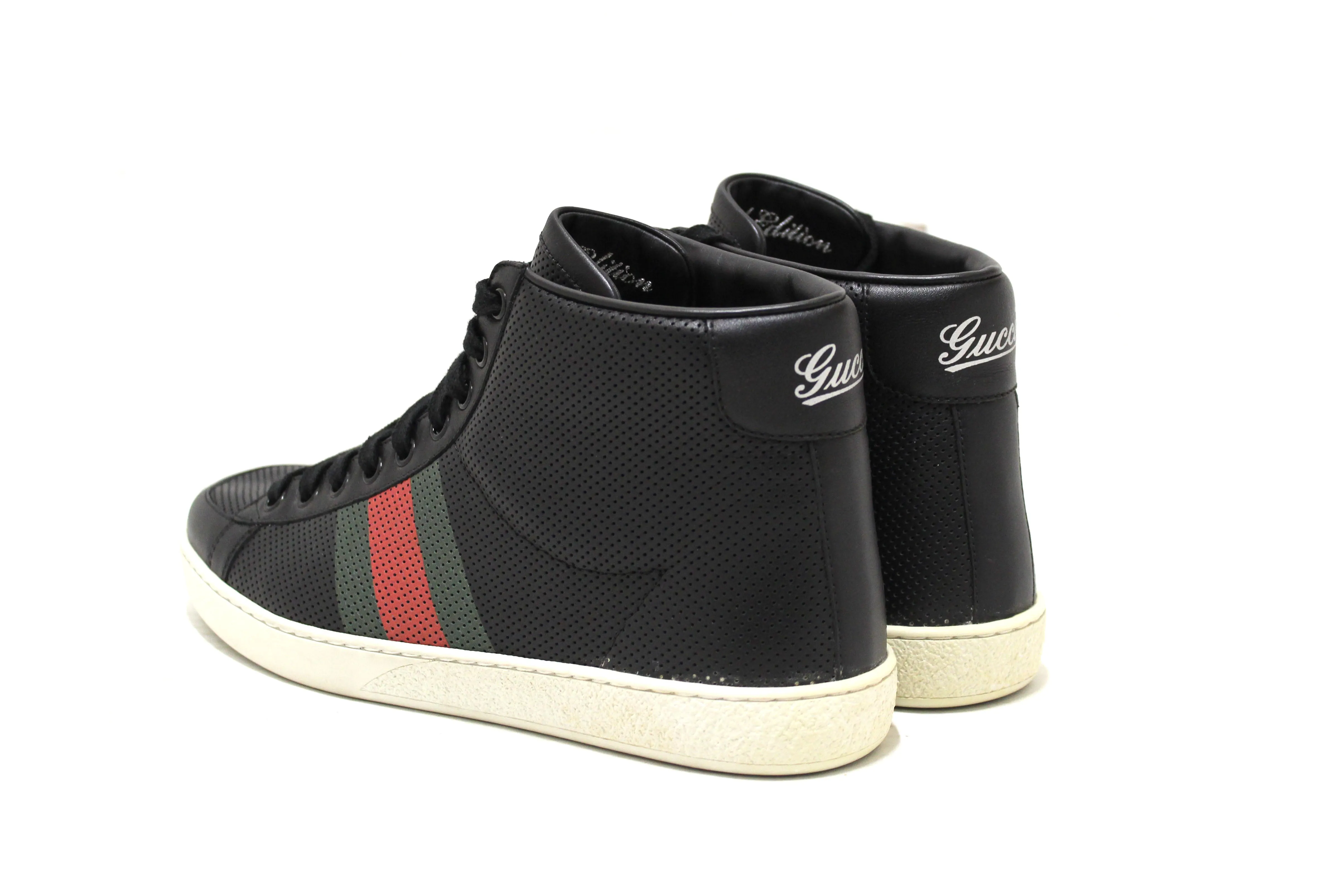 Authentic Gucci Men's Black Perforated Leather High Tops Sneakers Size 7.5