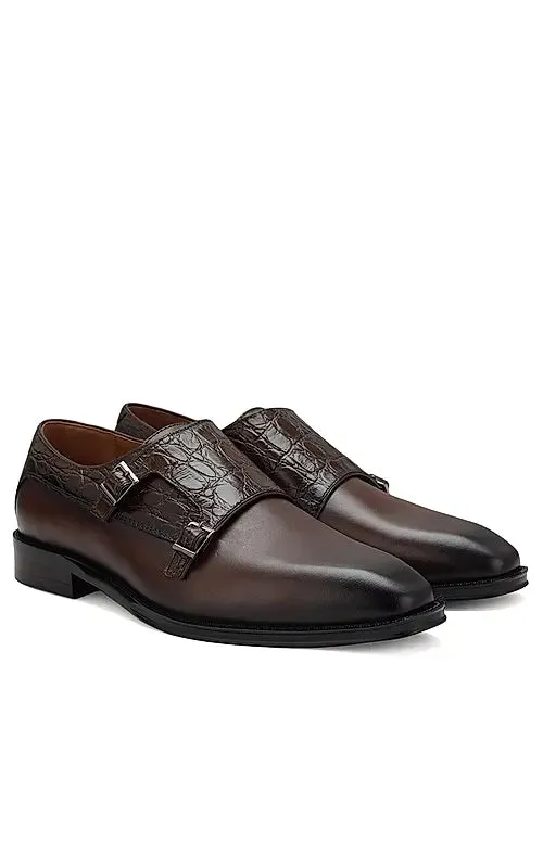 Coffee Croco Textured Monk Straps