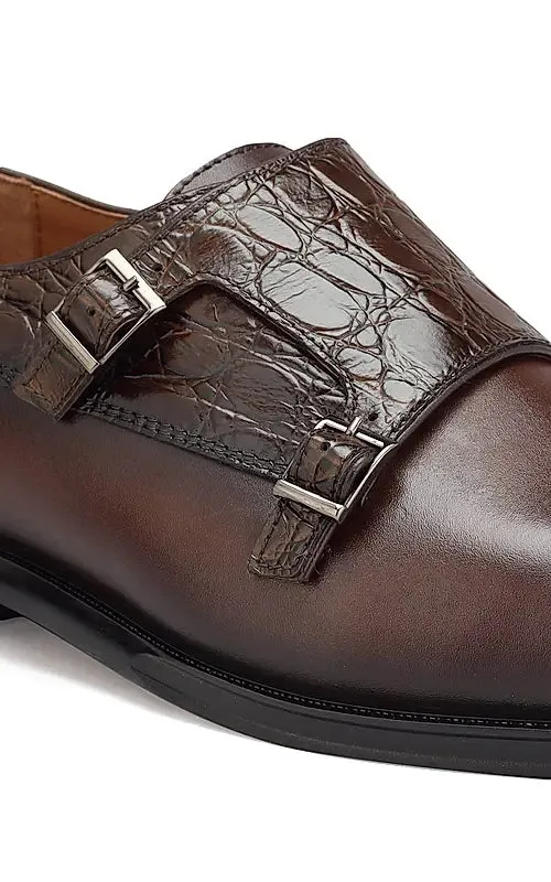 Coffee Croco Textured Monk Straps