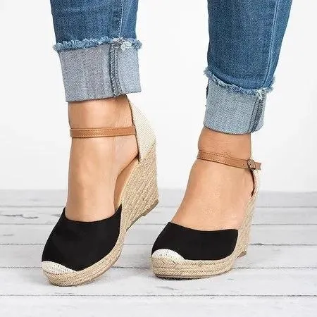 elveswallet Plus Size Wedges Ankle Strap Espadrilles Wedges Sandals