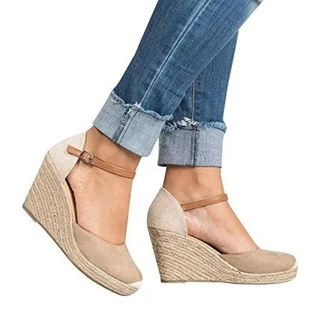 elveswallet Plus Size Wedges Ankle Strap Espadrilles Wedges Sandals