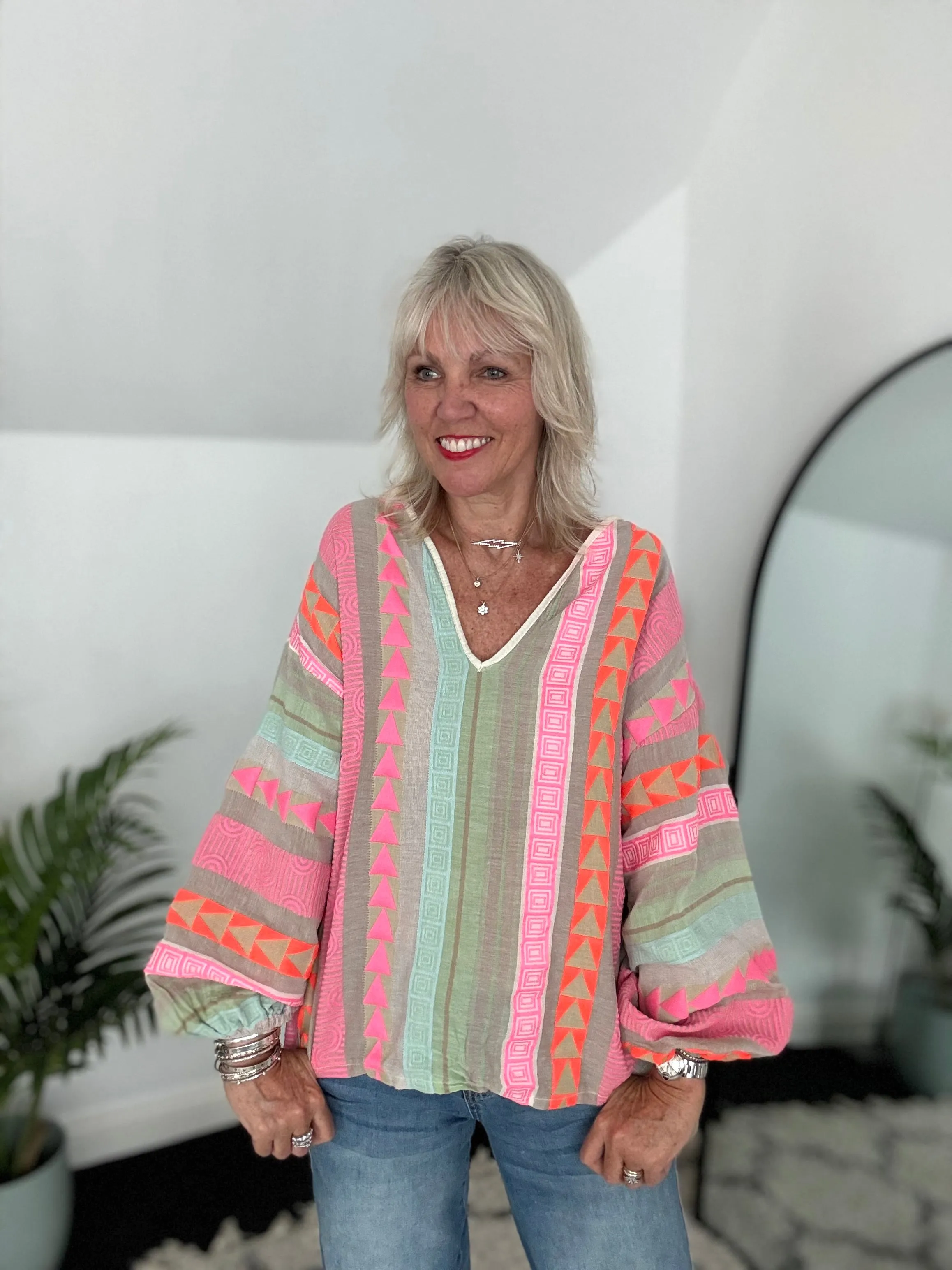 Embroidered Top in Pink & Khaki