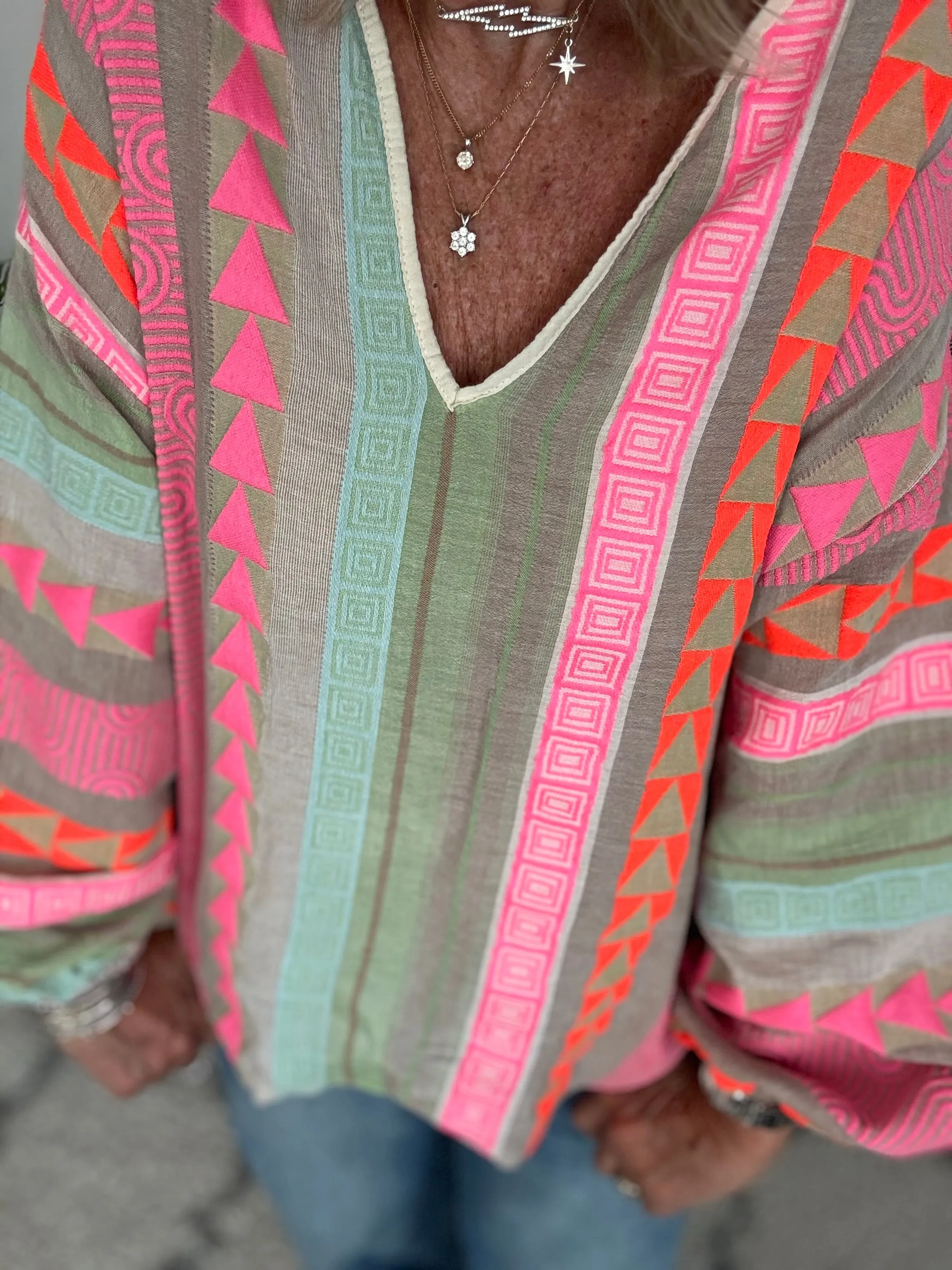 Embroidered Top in Pink & Khaki