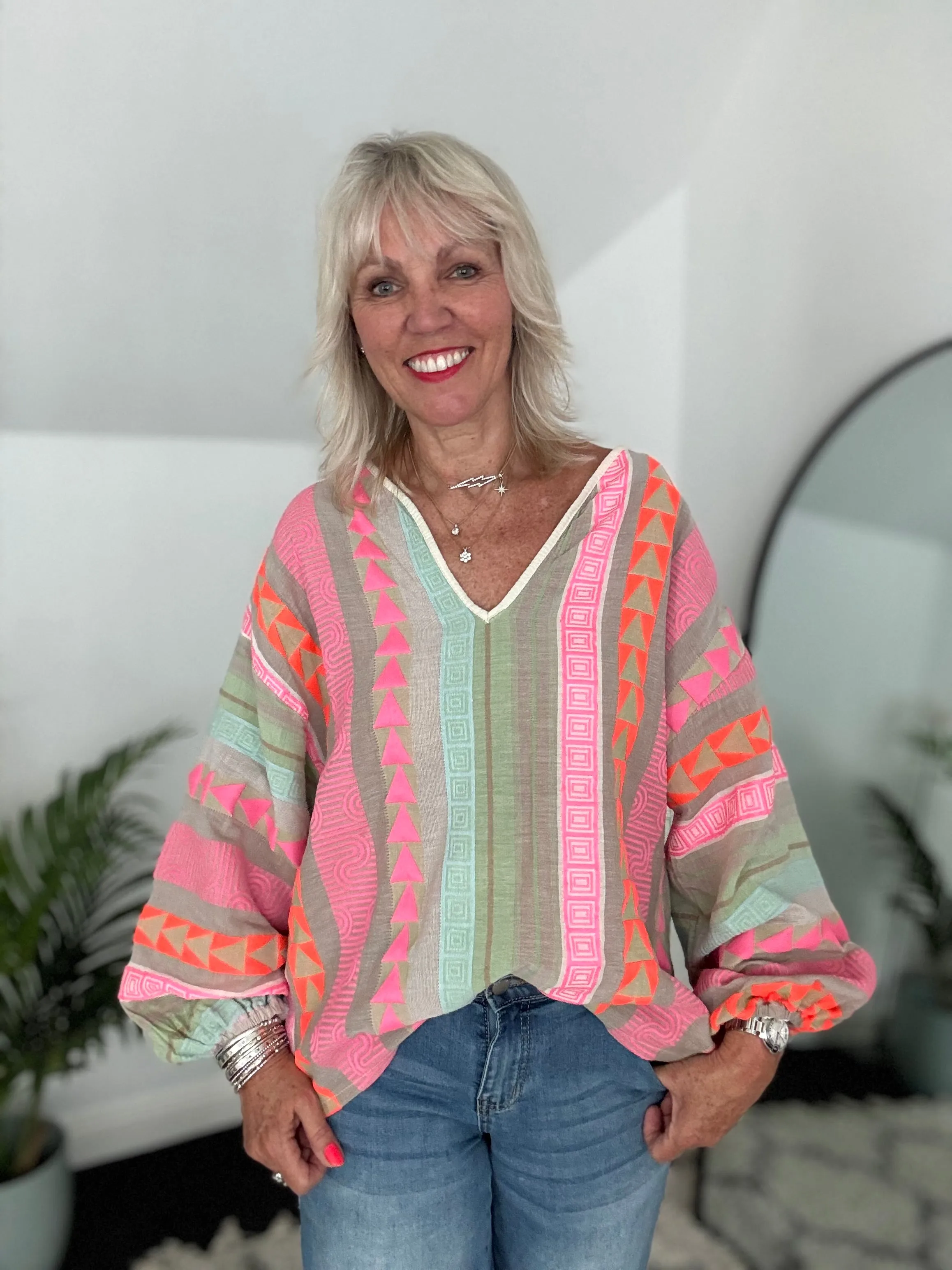 Embroidered Top in Pink & Khaki