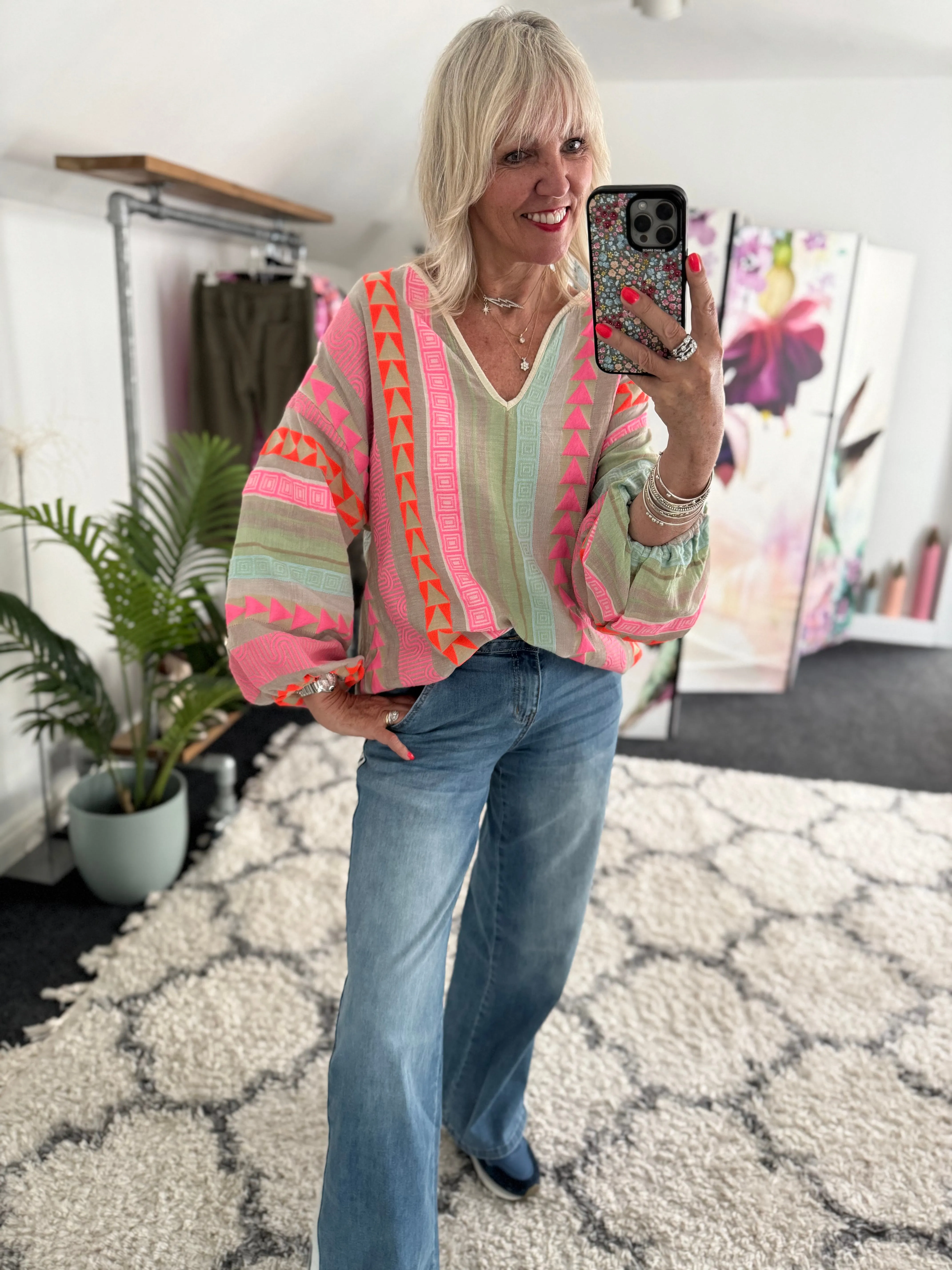 Embroidered Top in Pink & Khaki