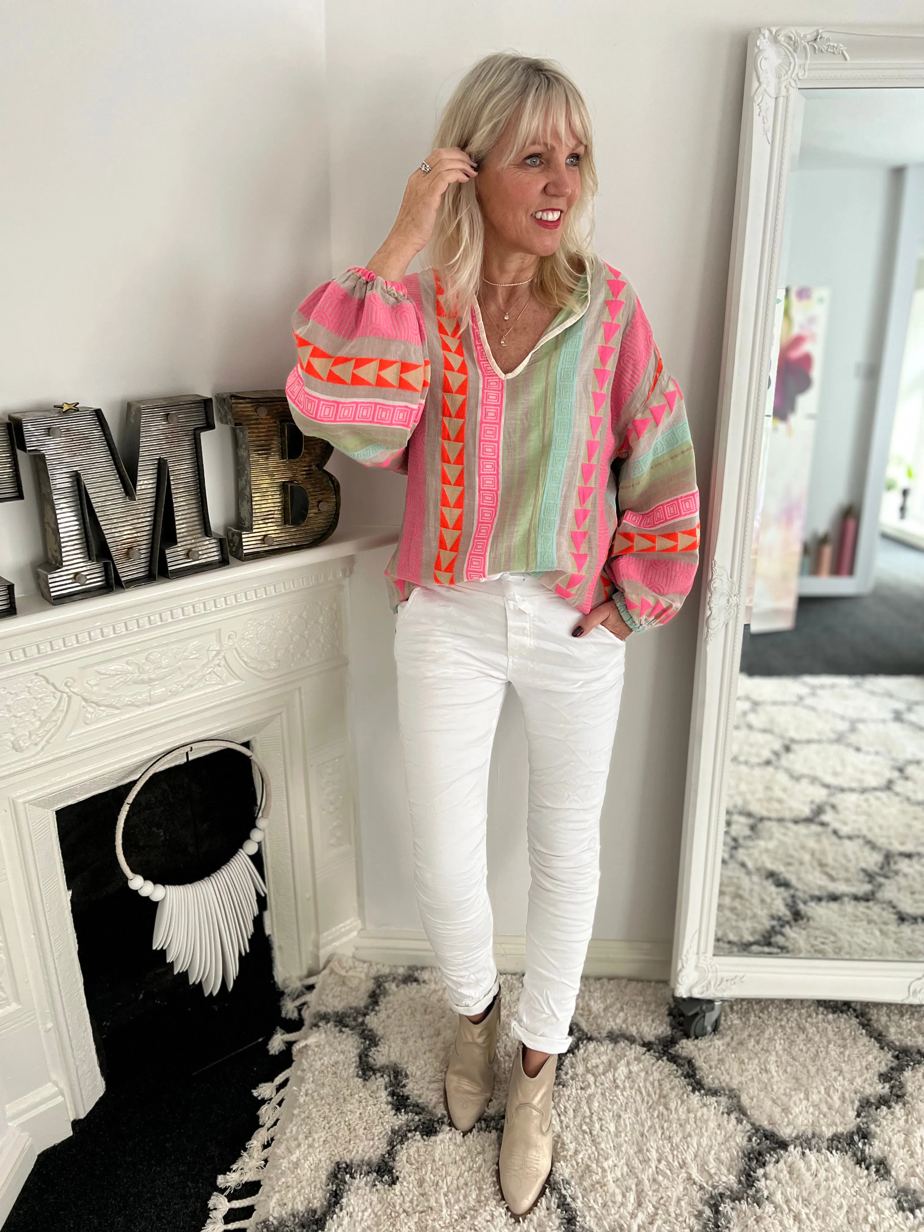 Embroidered Top in Pink & Khaki