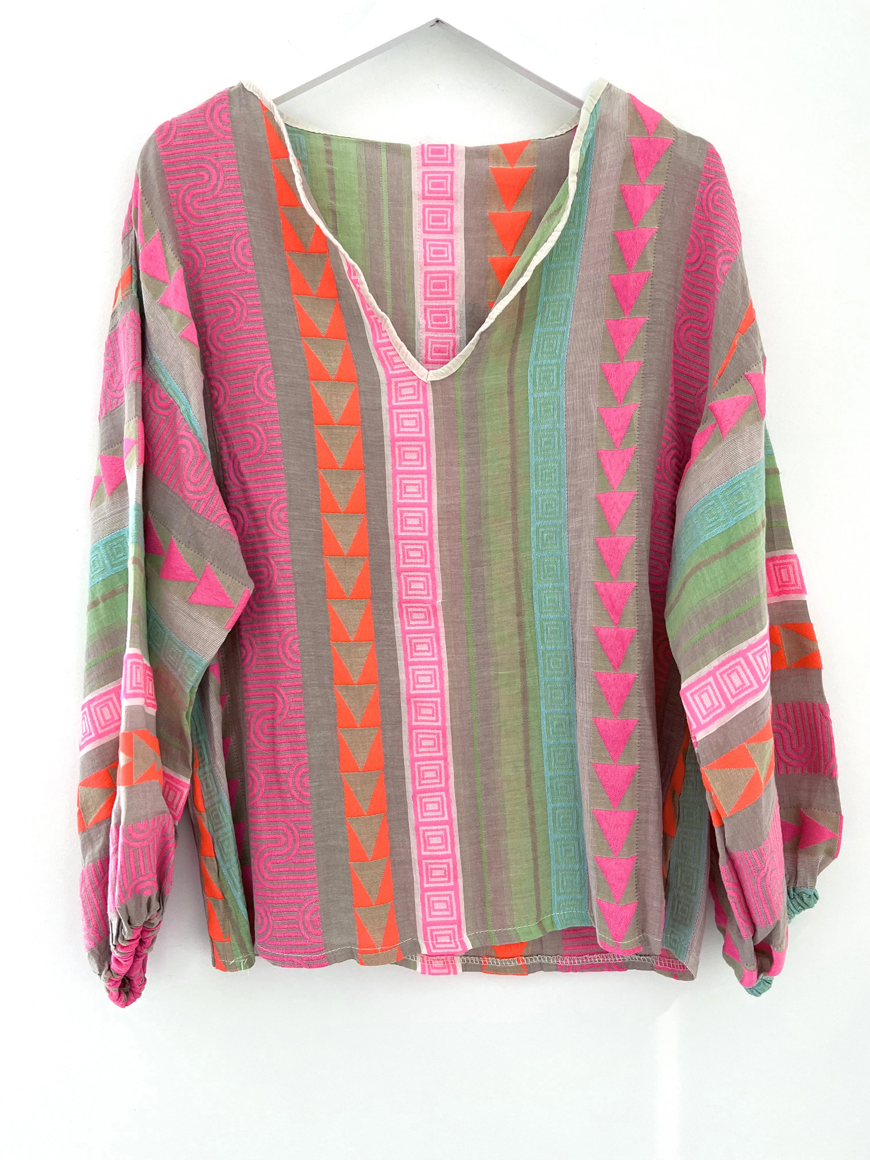 Embroidered Top in Pink & Khaki