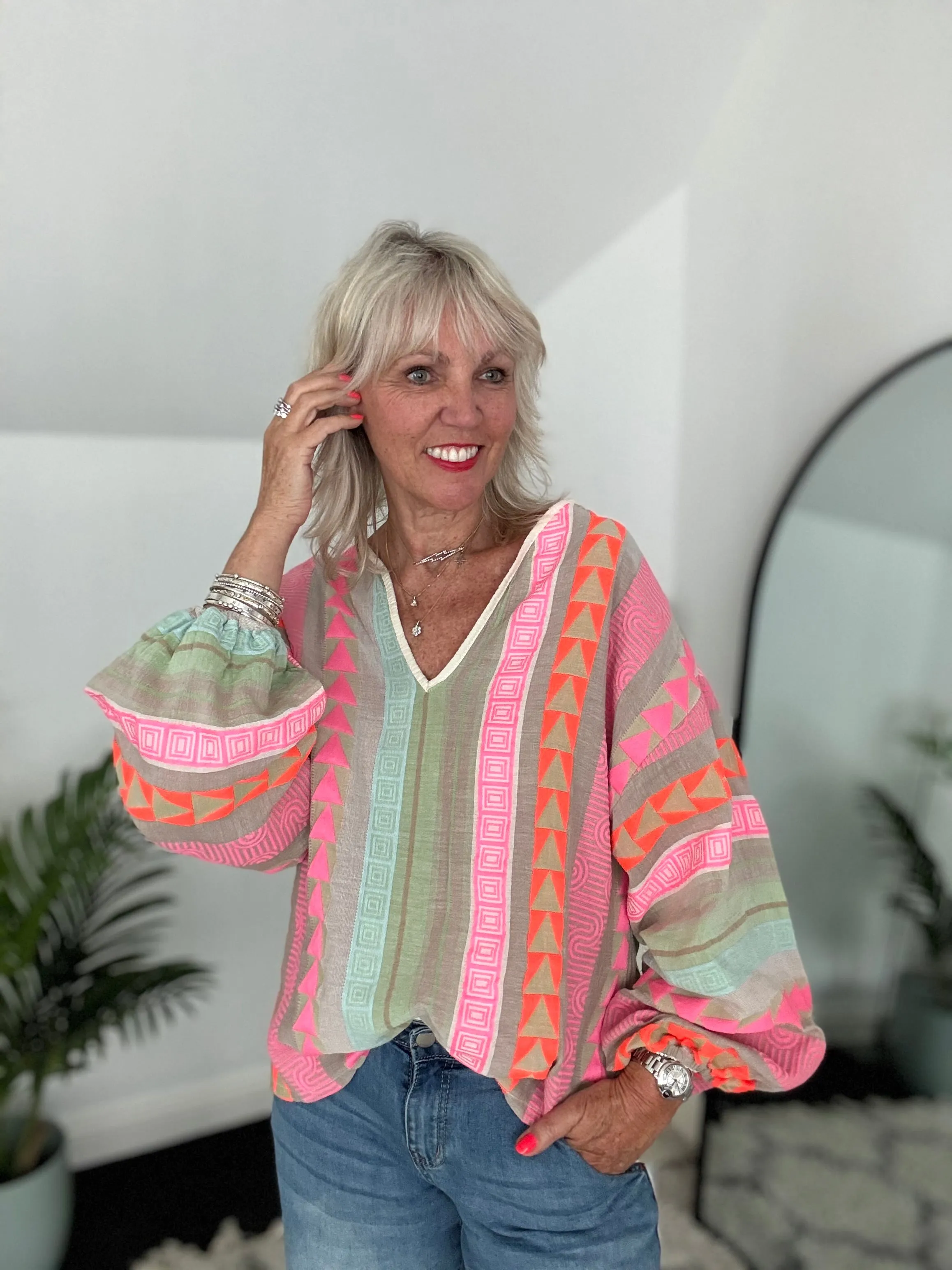 Embroidered Top in Pink & Khaki