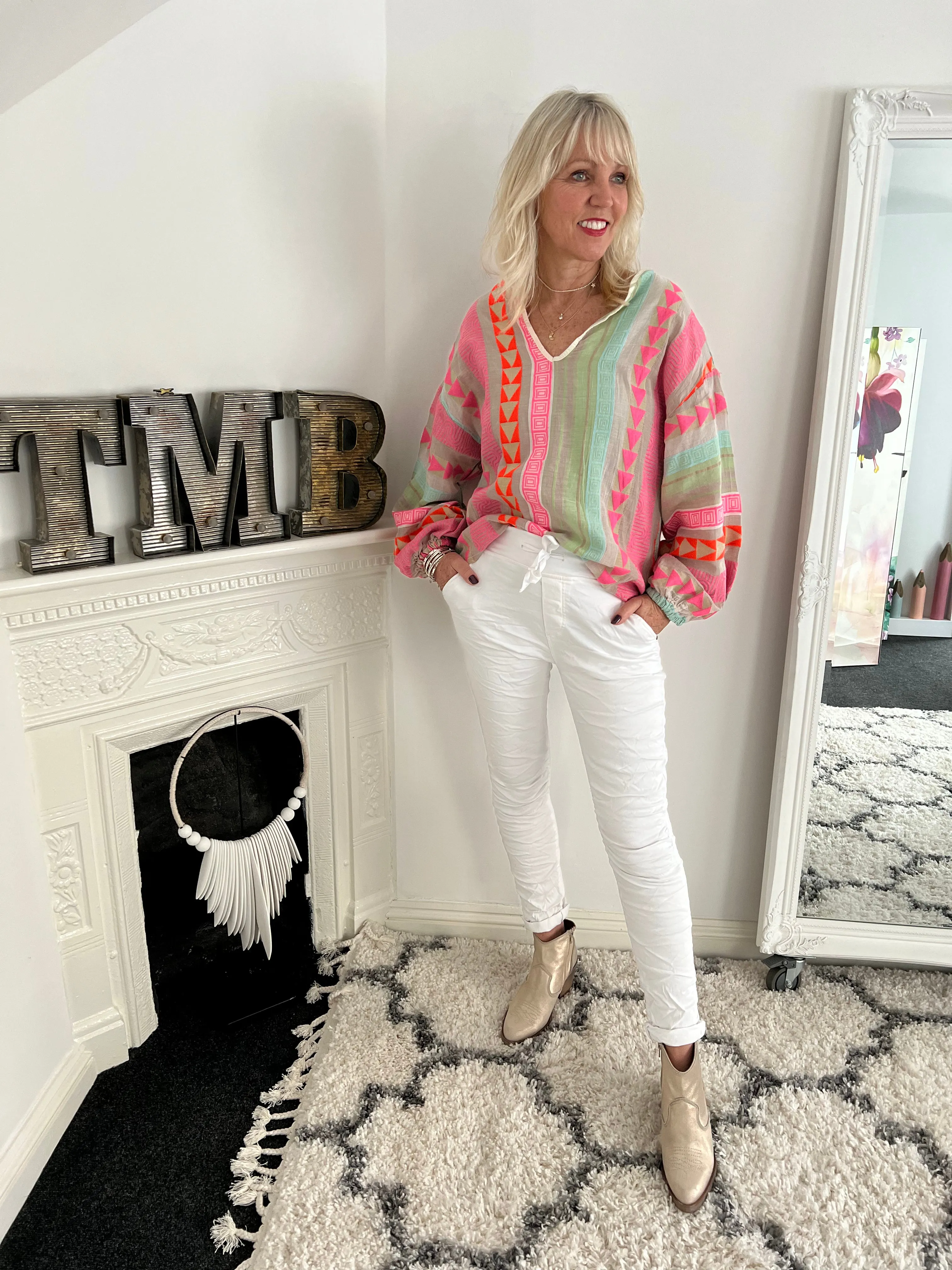 Embroidered Top in Pink & Khaki