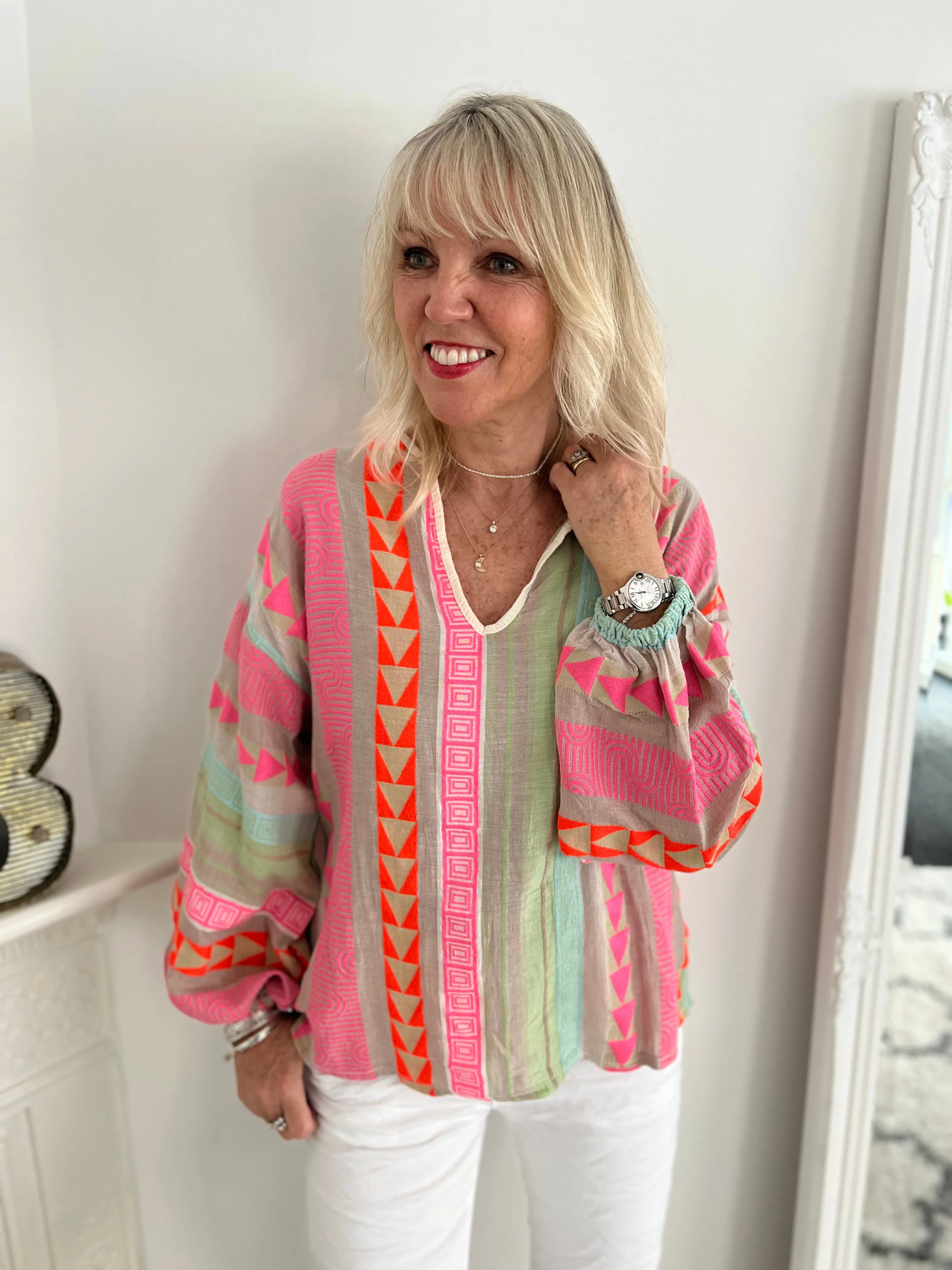 Embroidered Top in Pink & Khaki