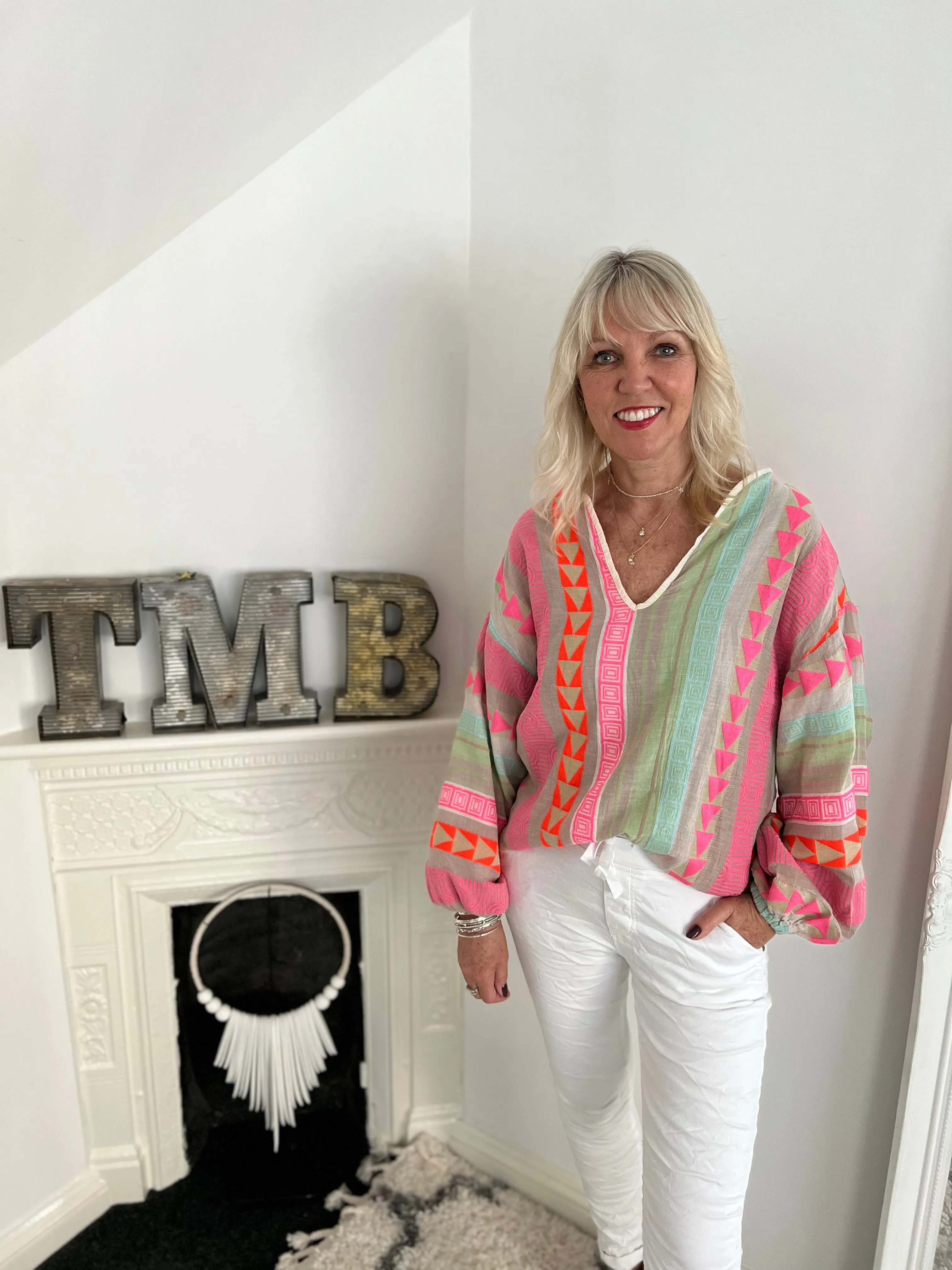 Embroidered Top in Pink & Khaki