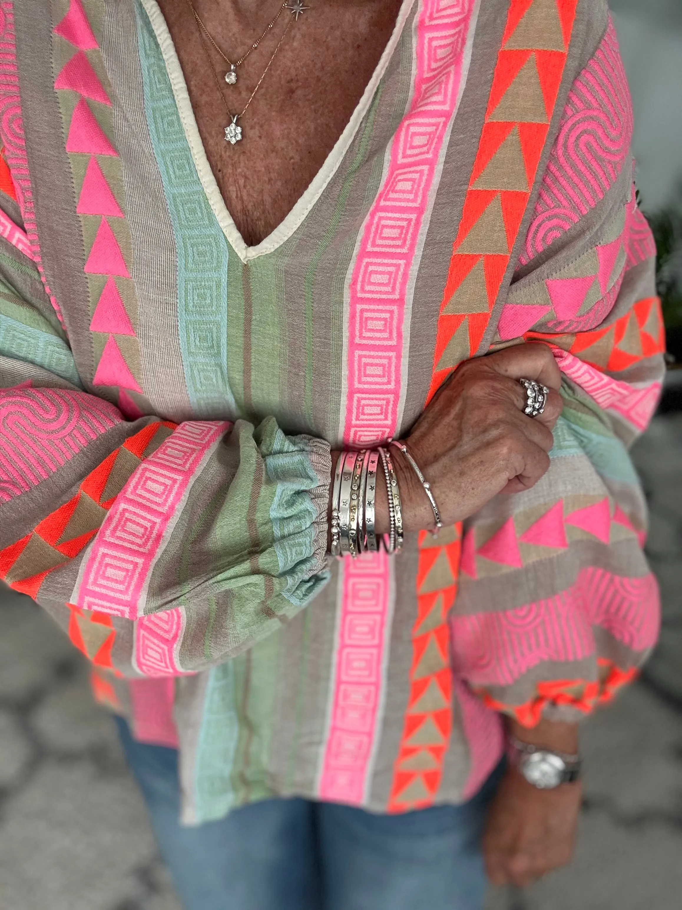 Embroidered Top in Pink & Khaki