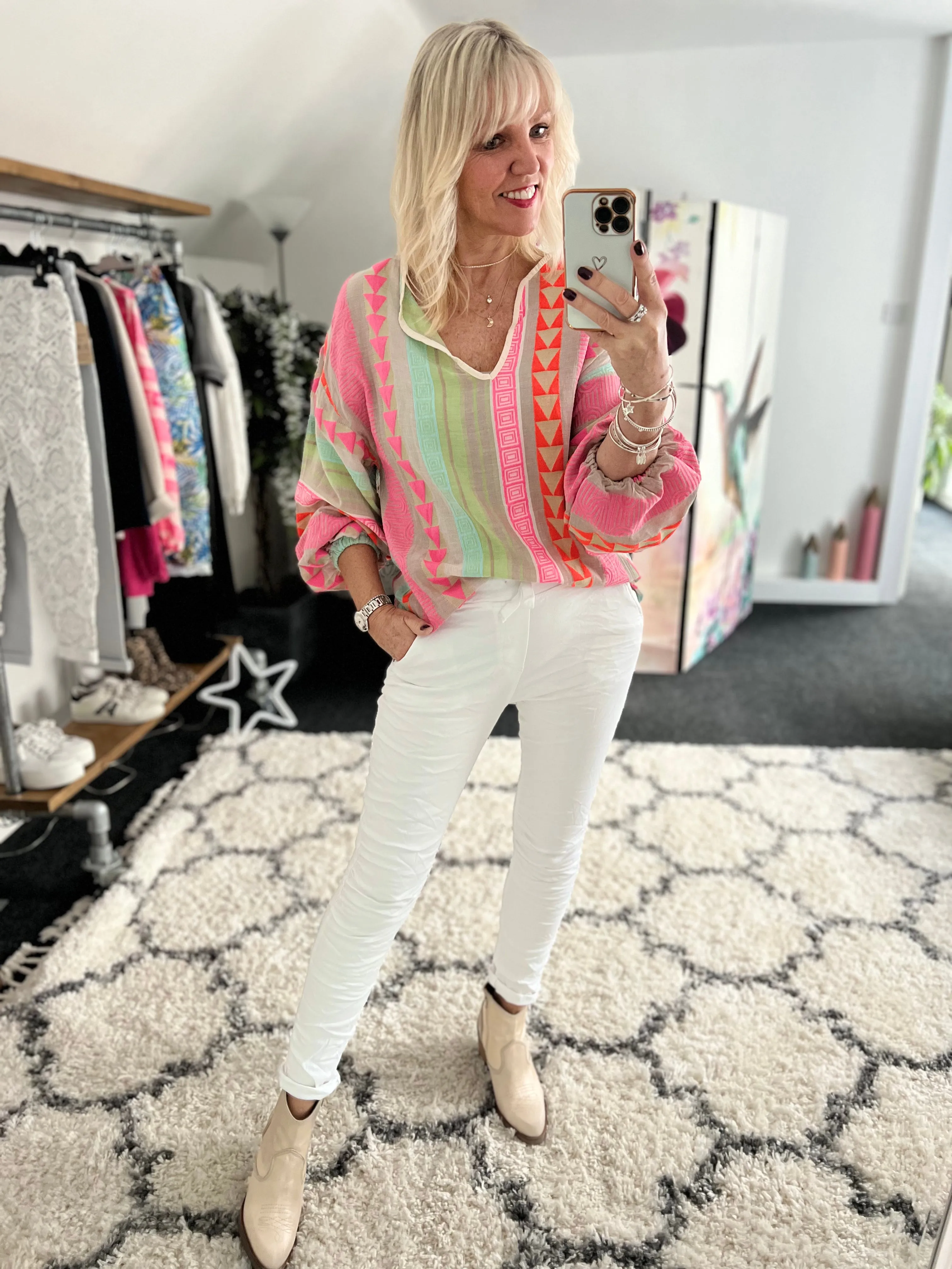 Embroidered Top in Pink & Khaki