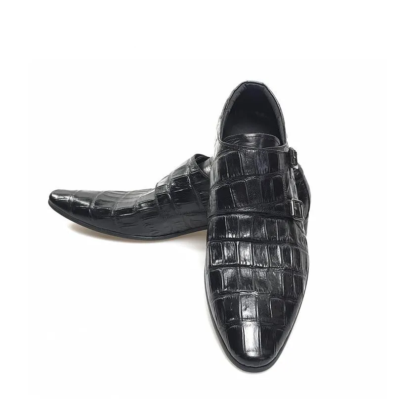 Exotic Pointed Toe Croco Pattern Double Monk Strap Men Shoes