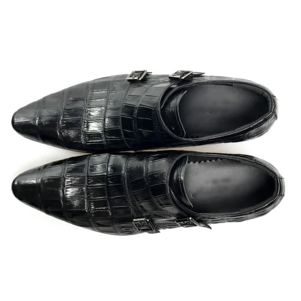 Exotic Pointed Toe Croco Pattern Double Monk Strap Men Shoes