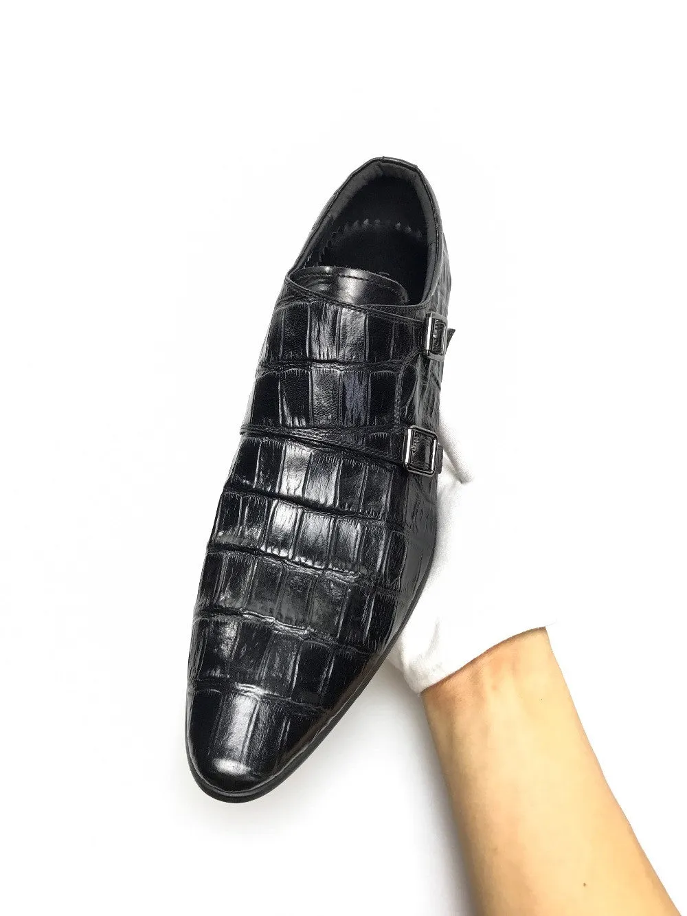 Exotic Pointed Toe Croco Pattern Double Monk Strap Men Shoes