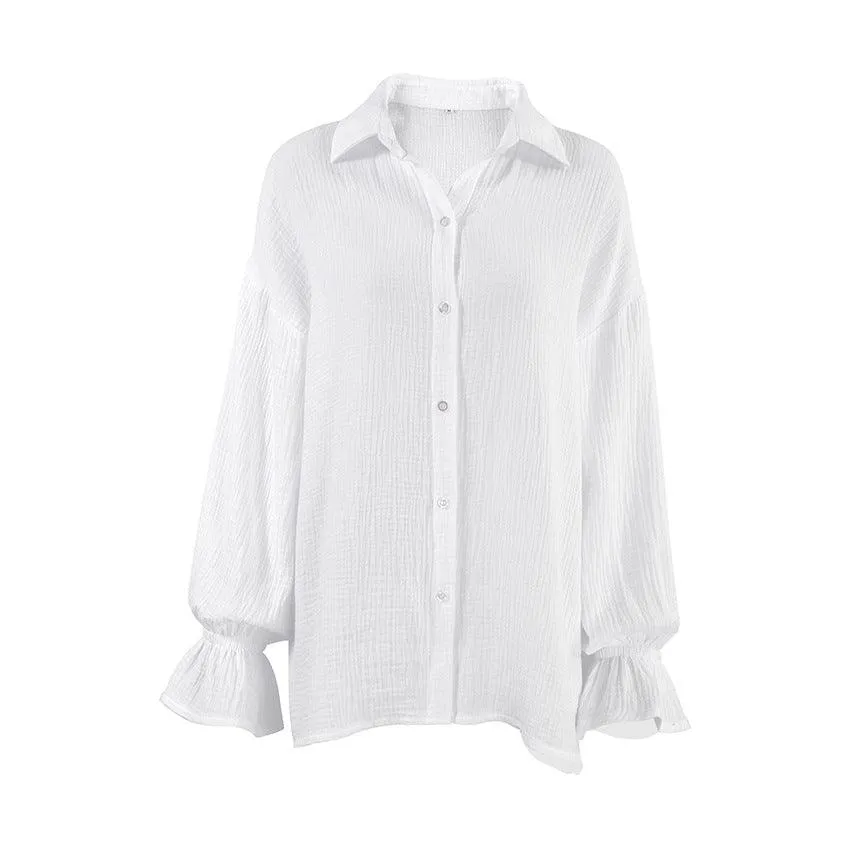 Flared Sleeves Long Sleeves Shirt Pure Cotton Leisure Commute Niche White
