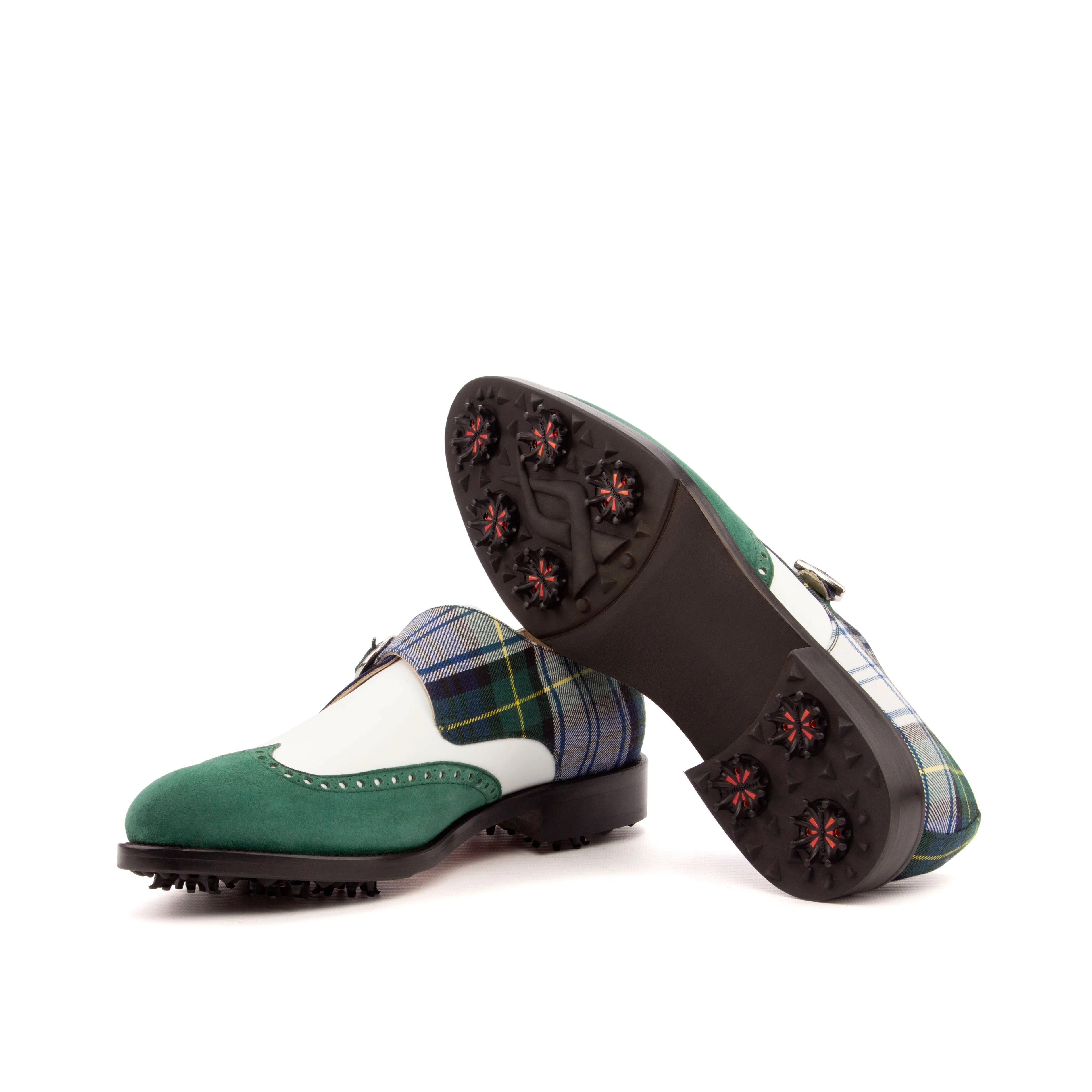 Golf Shoes Single Monk Strap Green Tartan and Suede, Plus Size Golf Shoes