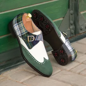 Golf Shoes Single Monk Strap Green Tartan and Suede, Plus Size Golf Shoes
