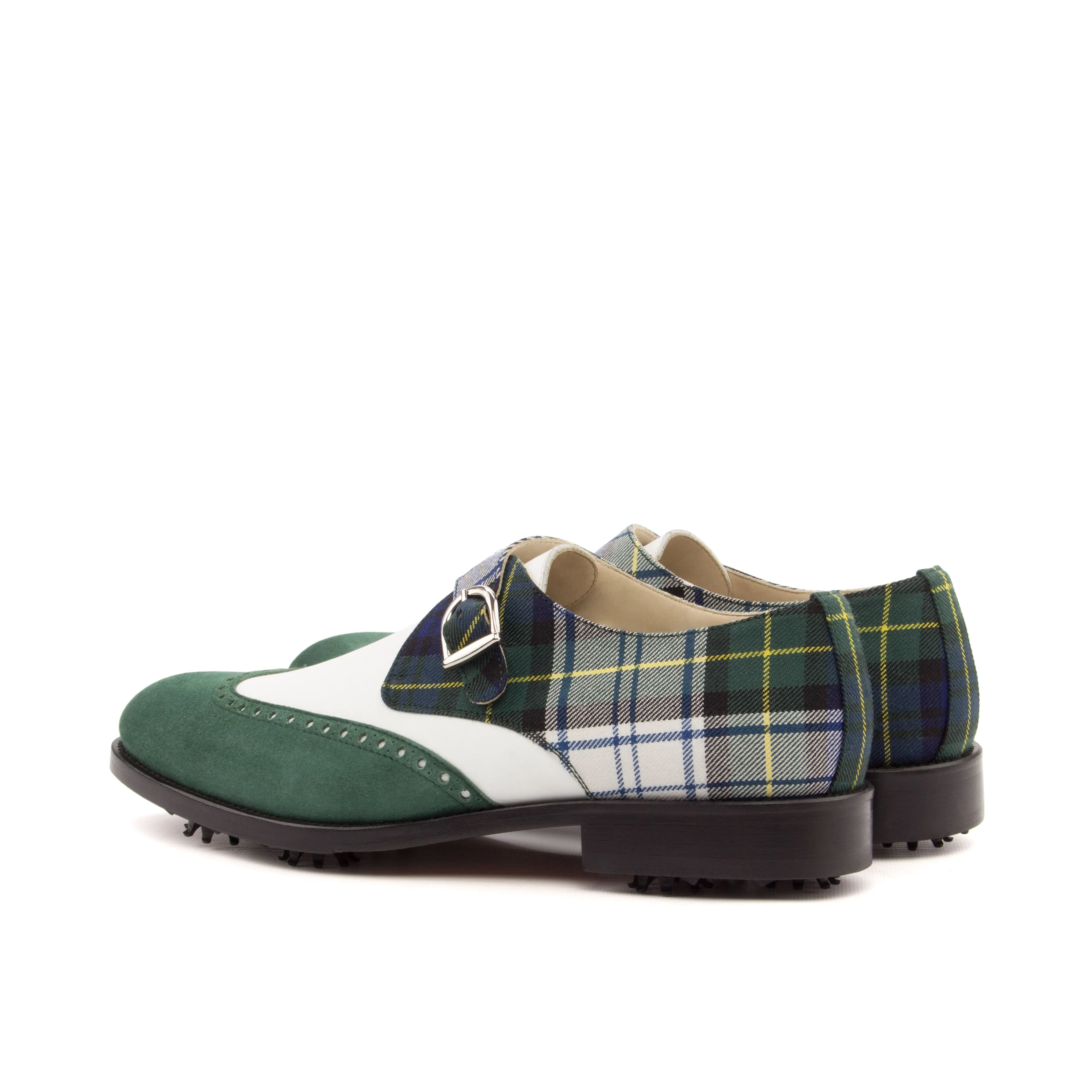 Golf Shoes Single Monk Strap Green Tartan and Suede, Plus Size Golf Shoes