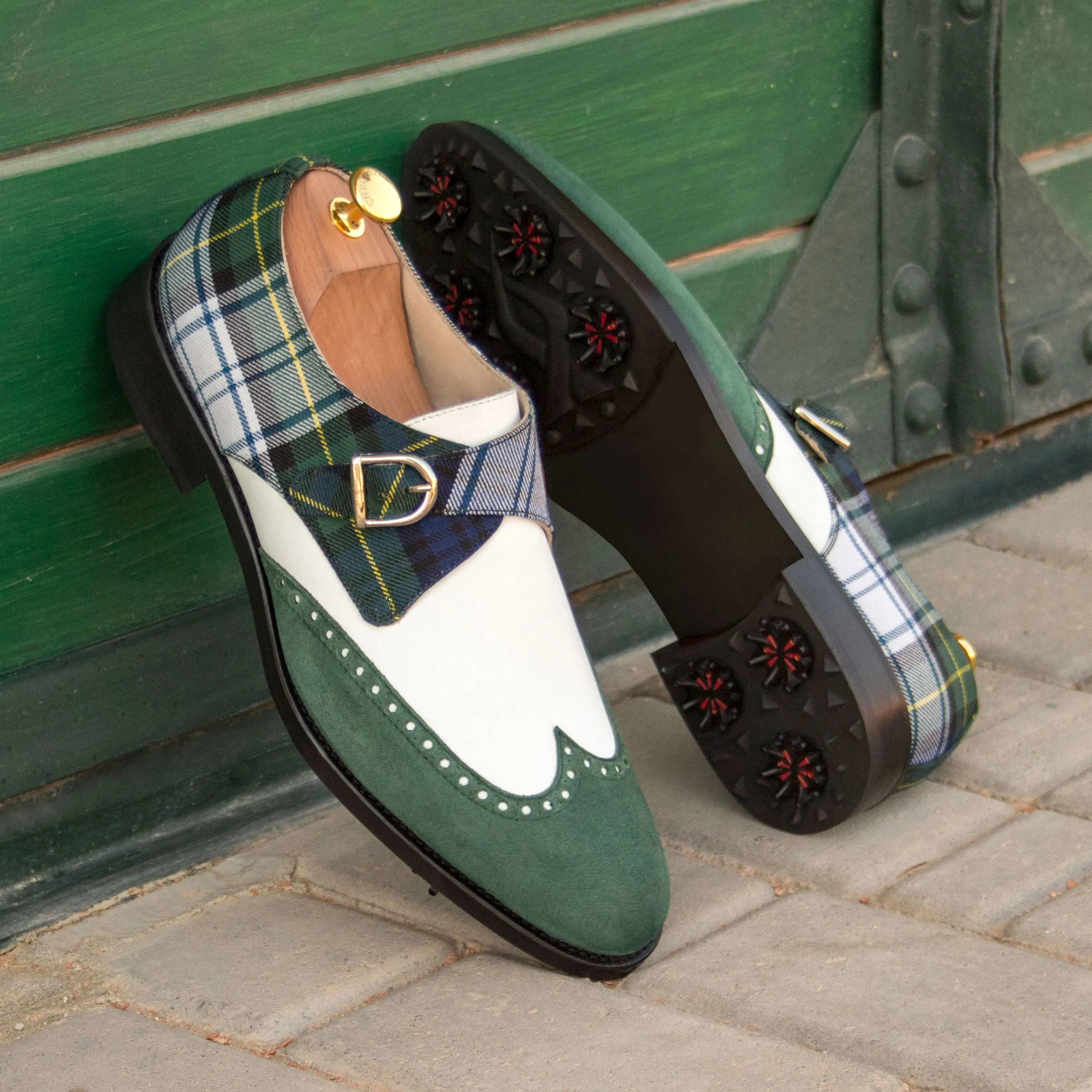 Golf Shoes Single Monk Strap Green Tartan and Suede, Plus Size Golf Shoes