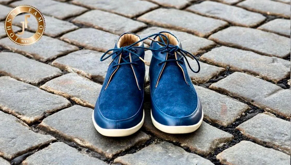 Johnny Famous Bally Style Central Park Men's Navy Blue Leather and Suede High Tops