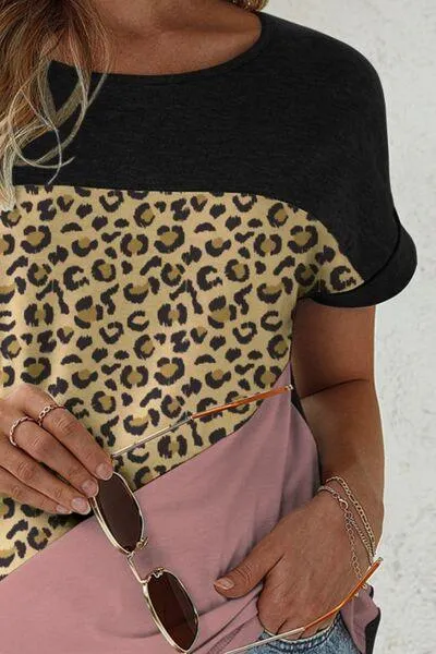 Leopard Print Short Sleeve Color Block T Shirt