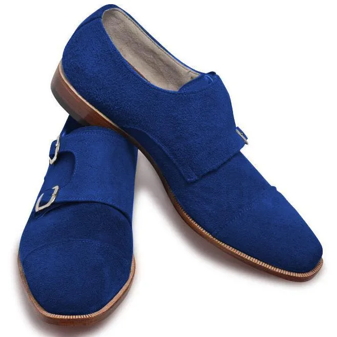 Men Blue Double Monk Suede Leather Shoes