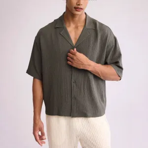 Mens Short Sleeve Shirt  Relaxed Fit  Textured Cotton Blend  Button Up Casual