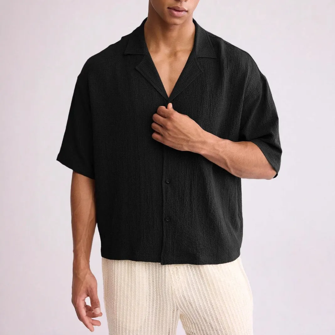 Mens Short Sleeve Shirt  Relaxed Fit  Textured Cotton Blend  Button Up Casual
