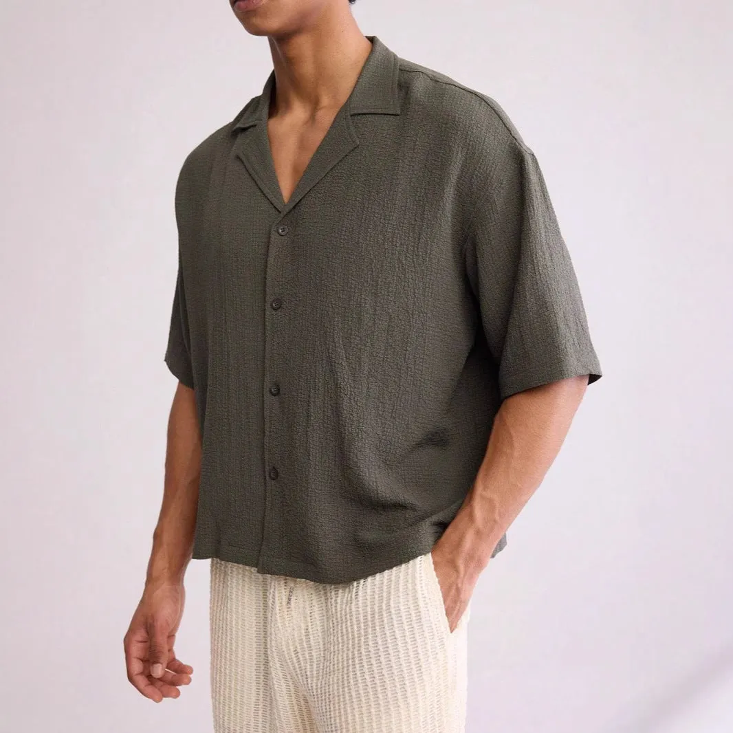 Mens Short Sleeve Shirt  Relaxed Fit  Textured Cotton Blend  Button Up Casual