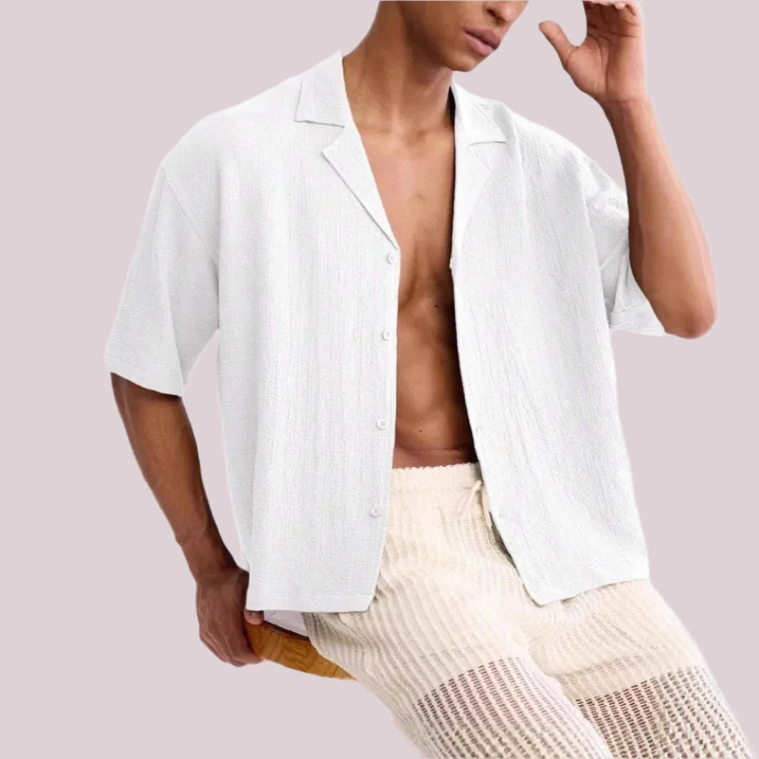 Mens Short Sleeve Shirt  Relaxed Fit  Textured Cotton Blend  Button Up Casual