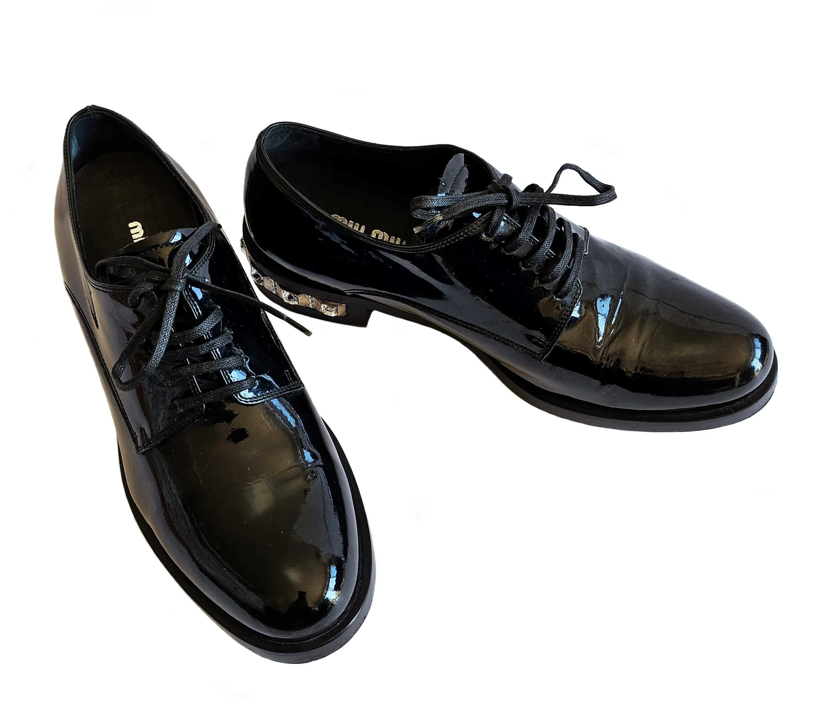 MIU MIU BLACK PATENT LEATHER CRYSTAL HEELS OXFORDS (37.5)