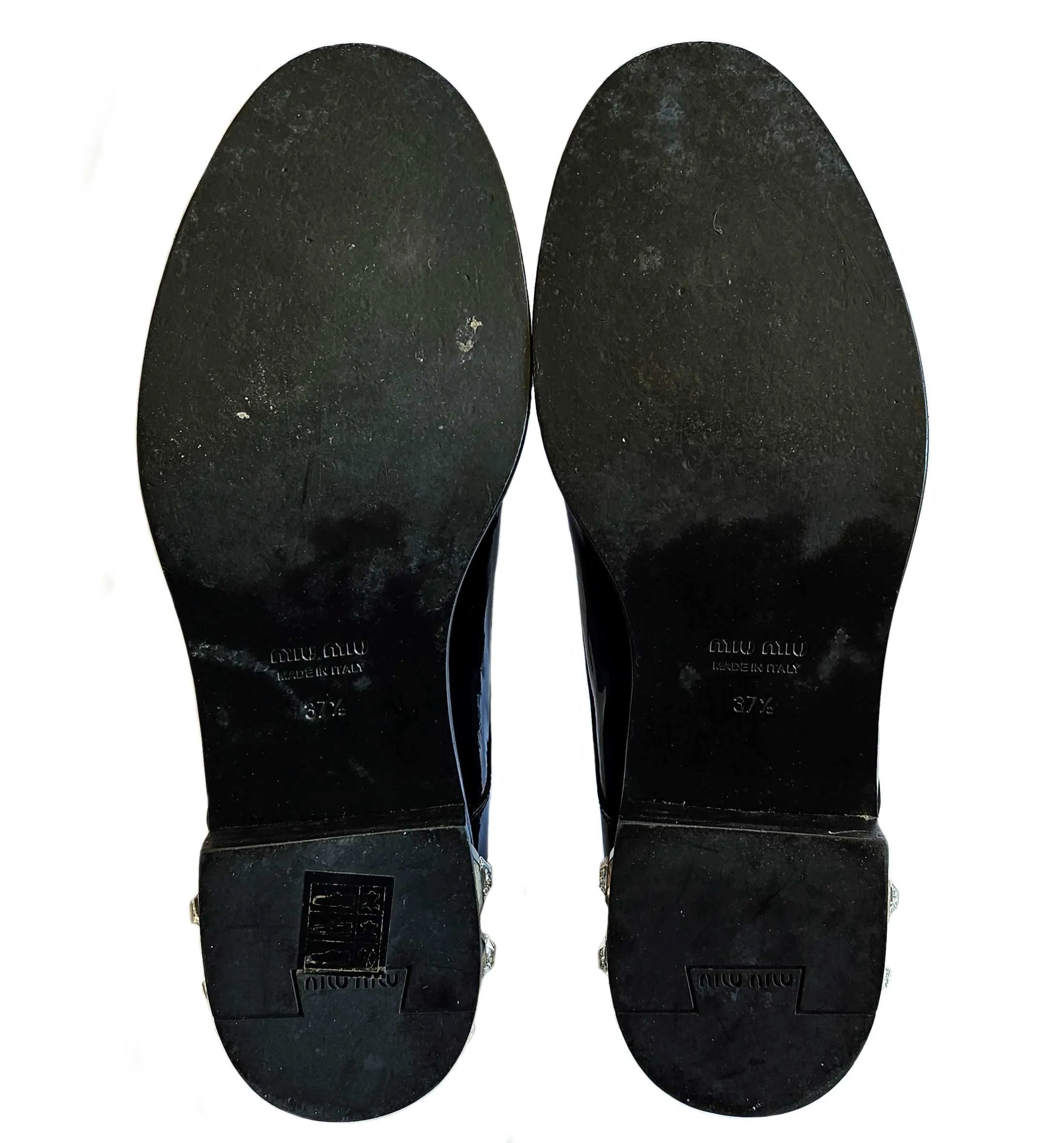 MIU MIU BLACK PATENT LEATHER CRYSTAL HEELS OXFORDS (37.5)