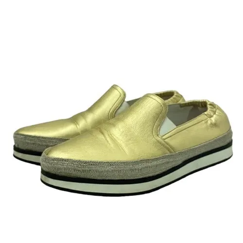 PRADA Metallic Gold Leather Espadrille Flats, Size 36