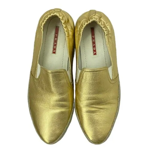 PRADA Metallic Gold Leather Espadrille Flats, Size 36