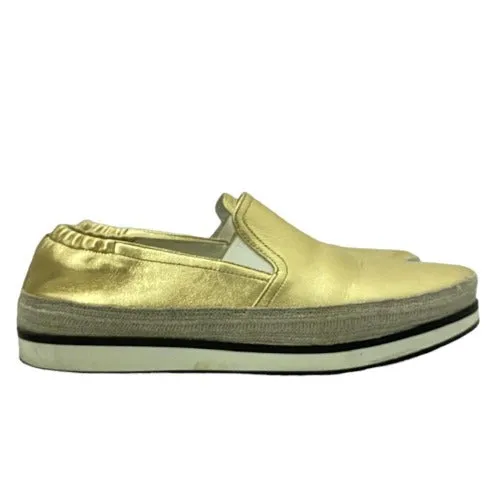 PRADA Metallic Gold Leather Espadrille Flats, Size 36