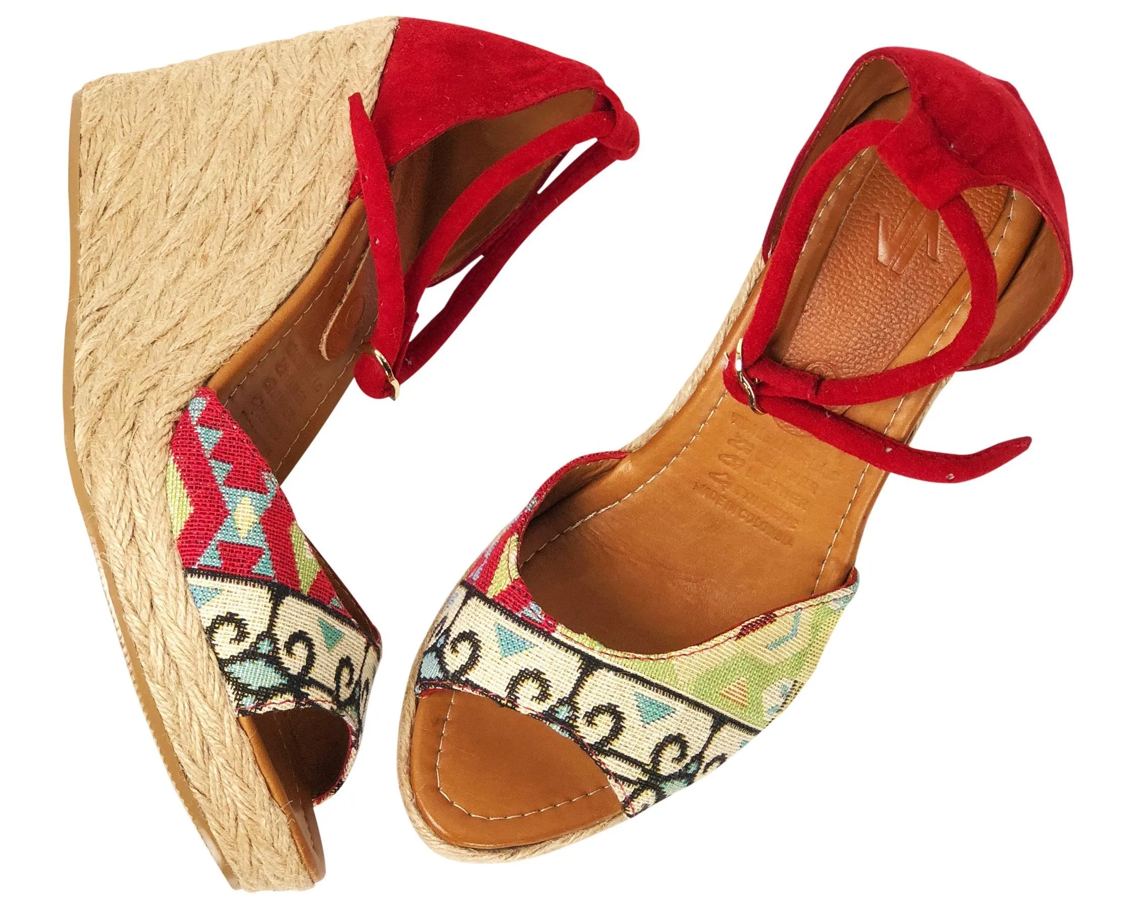 Silvia Cobos PEEP TOE Embroidered Espadrille Wedges in Red