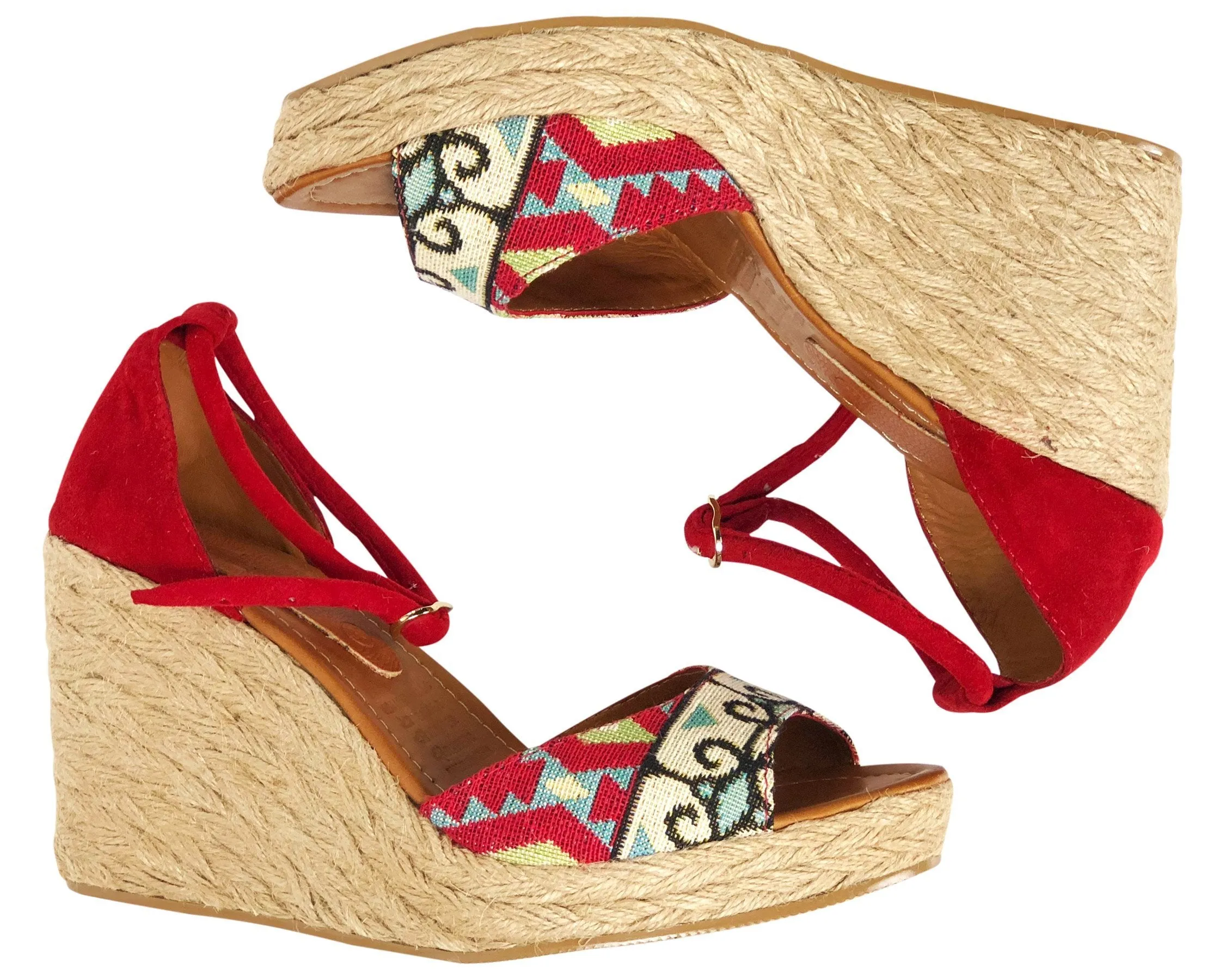 Silvia Cobos PEEP TOE Embroidered Espadrille Wedges in Red