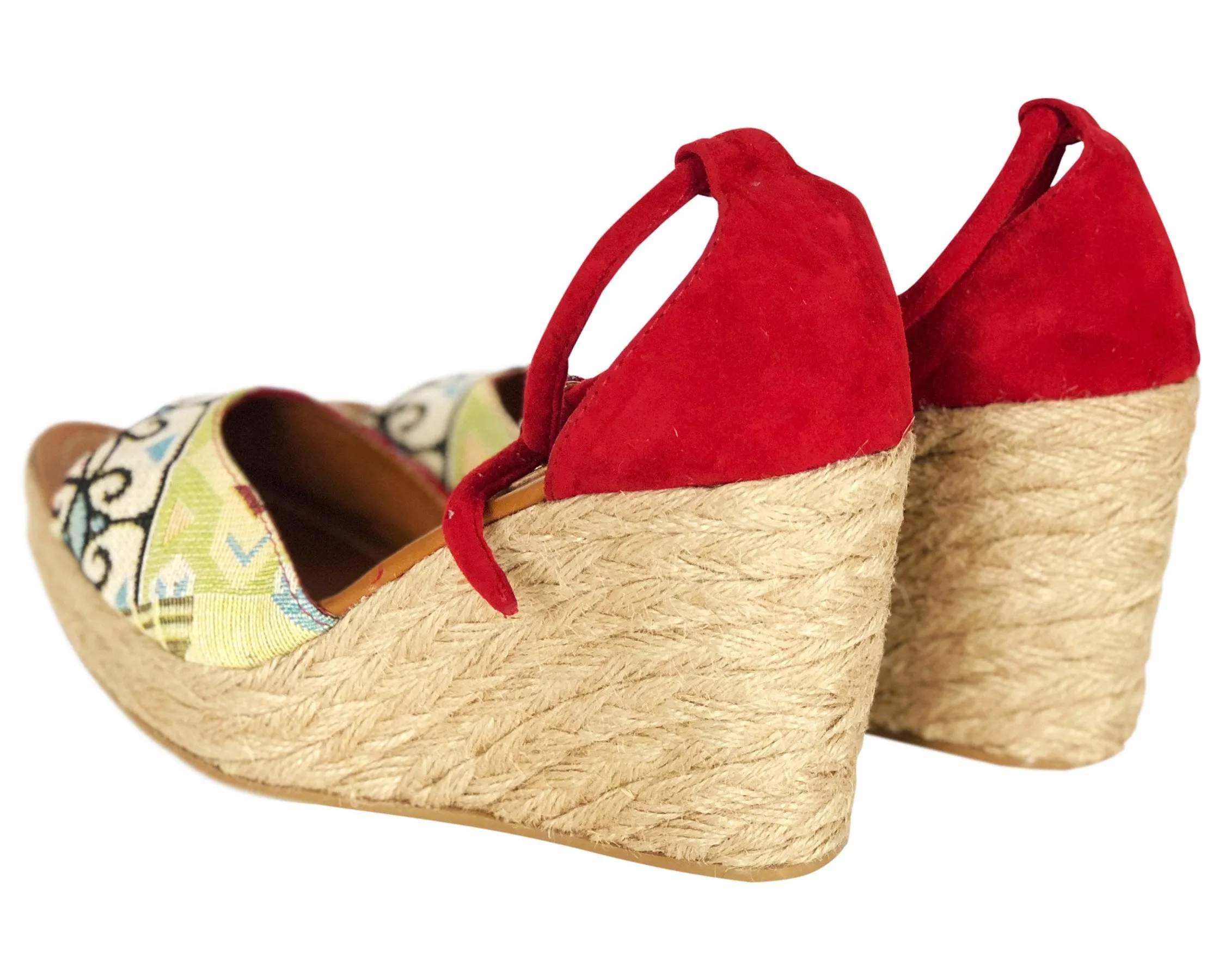Silvia Cobos PEEP TOE Embroidered Espadrille Wedges in Red