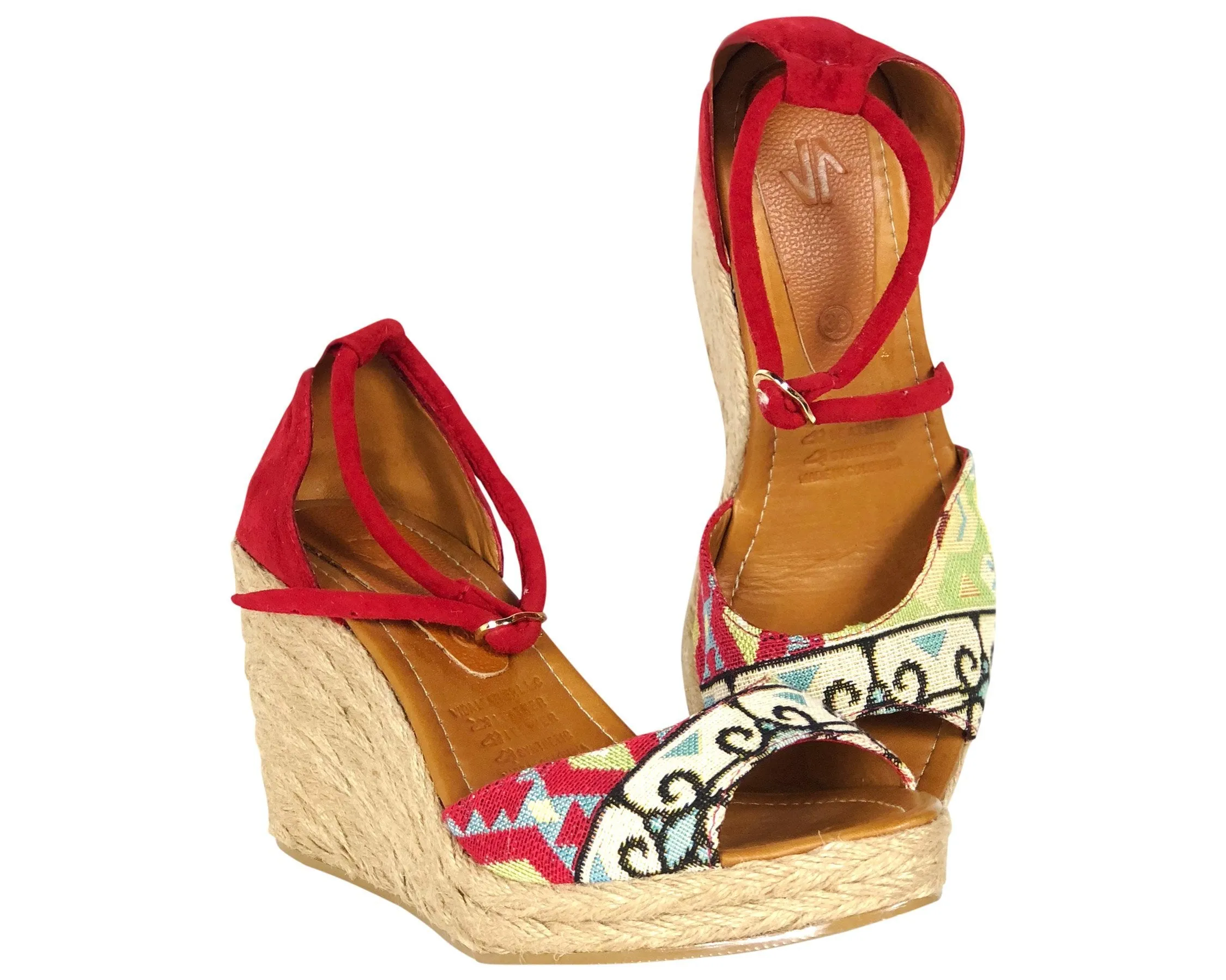 Silvia Cobos PEEP TOE Embroidered Espadrille Wedges in Red