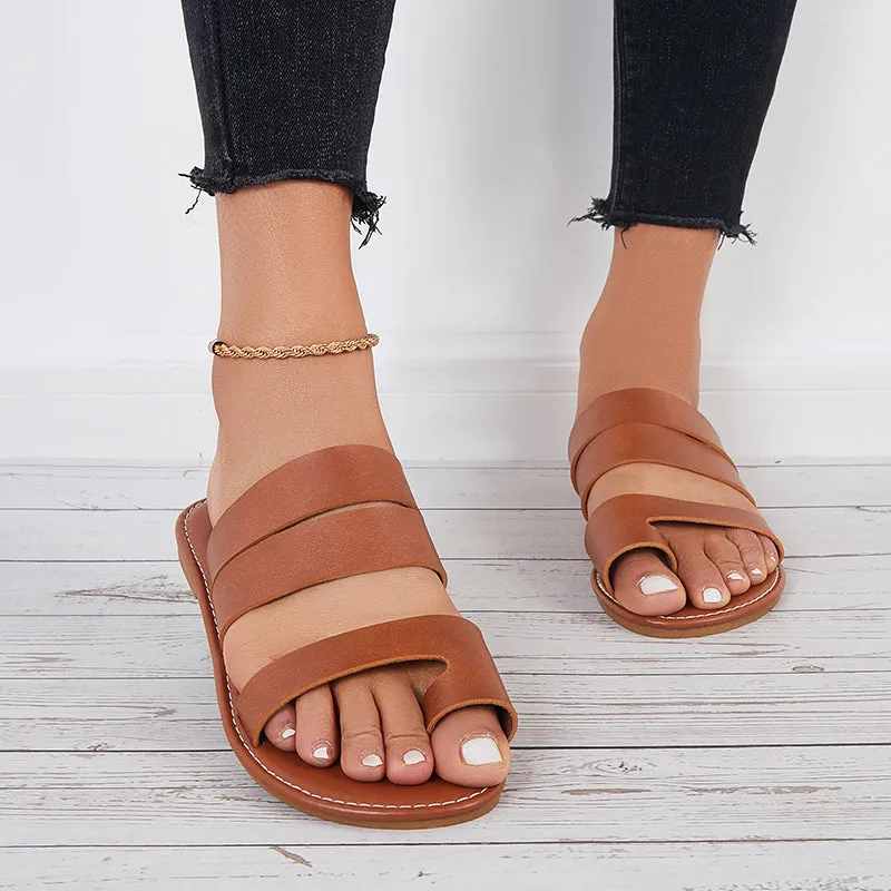 Sohiwoo Women Wide Flat Slippers Round Open Toe Loop Slide Sandals