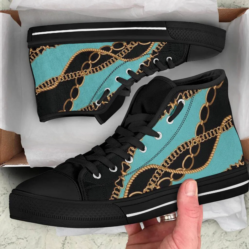 Teal Gold Chains Designer High Top Sneaker Custom Shoes with Black Soles Custom Shoes