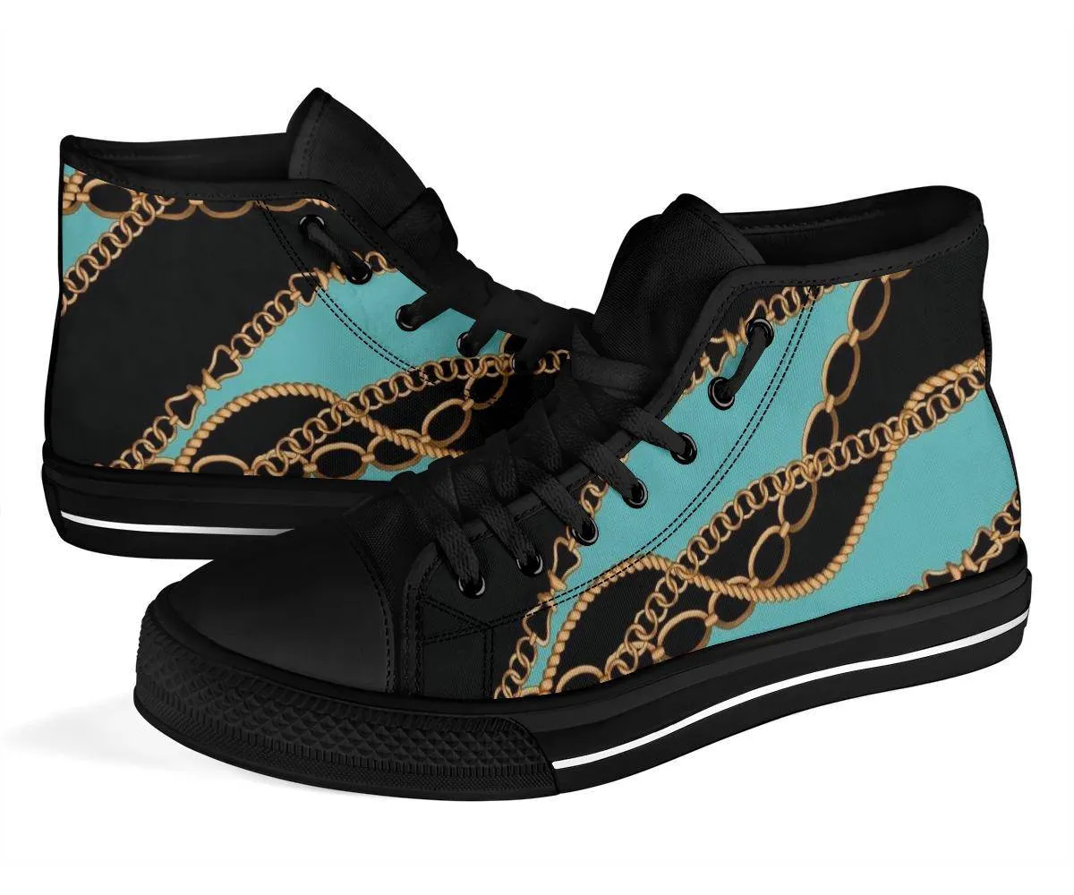 Teal Gold Chains Designer High Top Sneaker Custom Shoes with Black Soles Custom Shoes