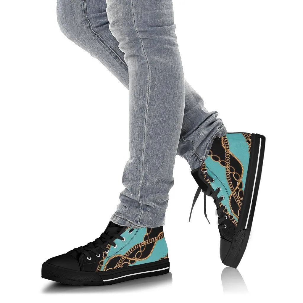 Teal Gold Chains Designer High Top Sneaker Custom Shoes with Black Soles Custom Shoes